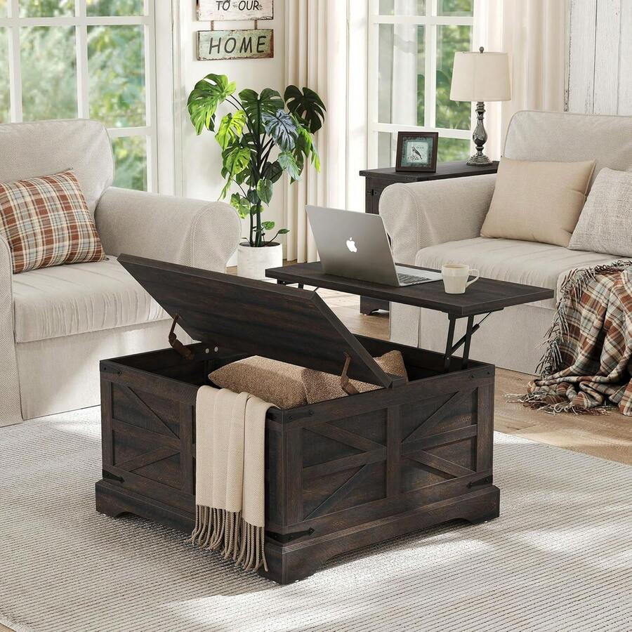 Furnideco - Mesa de centro cuadrada con mesa de centro de almacenamiento con parte superior elevadora, mesa central de madera moderna para sala de estar, oficina en casa, café oscuro - Parte superior marrón - Ver 1