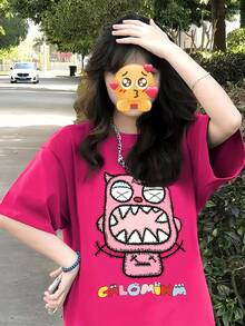 Women's Short-Sleeved Summer T-Shirt, Stylish Design, Slim Fit, Cartoon Print, Made Of Pure Cotton, Top, Basic Shirt. #3333 - 黑色 - 查看 5