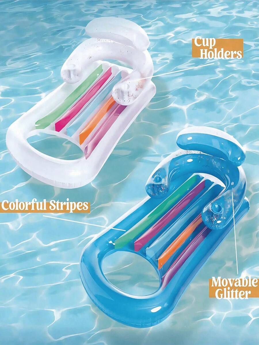 2pcs/1pc Adult Inflatable Floating Bed, Built-In Cup Holder Design, Sequin Decoration, Durable Material, Comfortable Back Support, Suitable For Pool Relaxation, Beach Vacation And Party Water Games, Easily Start Summer Fun