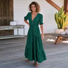 Women Long Dresses - Dark Green - View 3