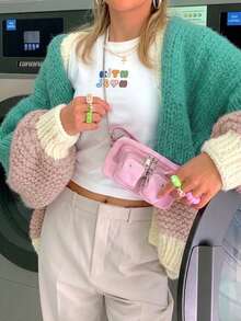 Color Block Chunky Knit Cardigan, V‑Neck Open Front Long Sleeve Oversized Sweater For Women - Multicolor - View 2