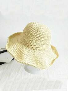 Chapeau de paille bohème à bord large et souple, crocheté à la main avec bord ondulé ajouré, respirant, chapeau de soleil anti-UV pour tenues côtières quotidiennes - Multicolore - Voir 7