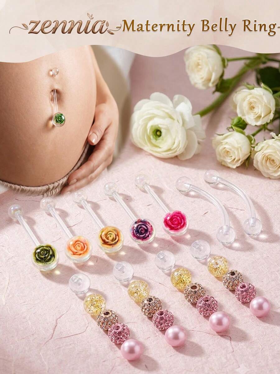 3+20Pcs/Set Maternity UV Belly Button Ring-Polymer Clay Floral Ball Navel End Elegant&Charming Size 1.6*38mm Because Moms Deserve To Be Beautiful - Yellow Gold - View 1