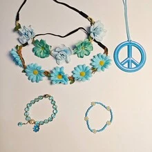 5pcs Hippie Accessories Set, Including Peace Sign Beaded Bracelet, Necklace, Flower Crown Headpiece, Hippie Costume Props, Suitable For Women To Attend Parties, Can Be Used For Halloween Party Costume - Multicolor - View 3