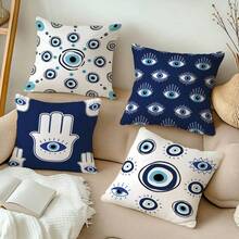 4pcs Bohemian Blue Evil Eye Pillow Covers, Turkish Nazar Lucky Eye Print Pattern, Single-Sided 2D Flat Print, Soft Comfortable Polyester Cushion Covers, 45*45cm (18*18in), Zipper Closure, Machine Washable, Suitable For Living Room Bedroom Home Decor (Pillow Covers Only, No Insert Included) - Multicolor - View 5