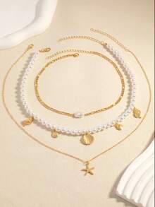 Juego de 3 collares con cadena de metal y borlas de perlas falsas - Diseño multicapa inspirado en el océano, la estrella de mar y la playa, adecuado para uso diario - Dorado - Ver 1