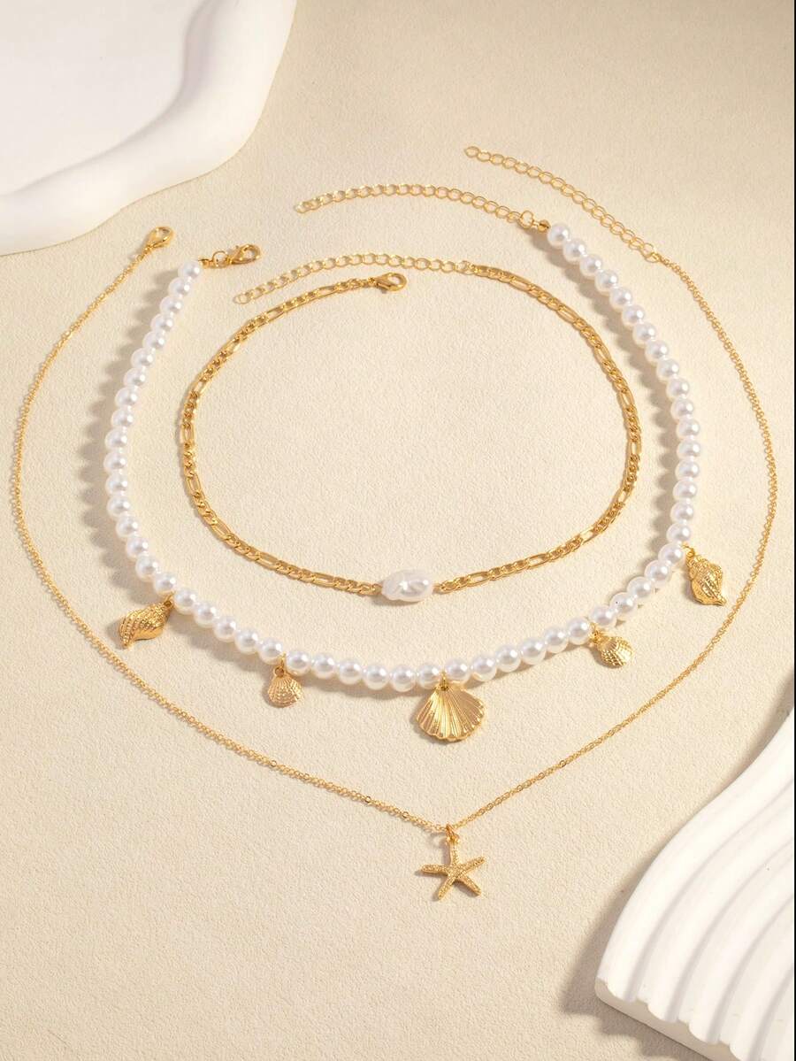 Juego de 3 collares con cadena de metal y borlas de perlas falsas - Diseño multicapa inspirado en el océano, la estrella de mar y la playa, adecuado para uso diario - Dorado - Ver 1