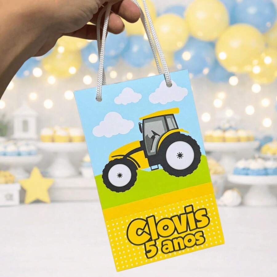10 Sacolinhas Personalizadas para lembrancinhas - Trator amarelo - Multicolorido - Visão 1