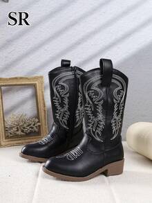 1 Pair Low Chunky Heel Embroidered Side Zipper Kids' Texas Boots, Fashion Versatile Retro Girls' Boots, Suitable For Daily Wear, Outdoor Vacation - Black - View 2