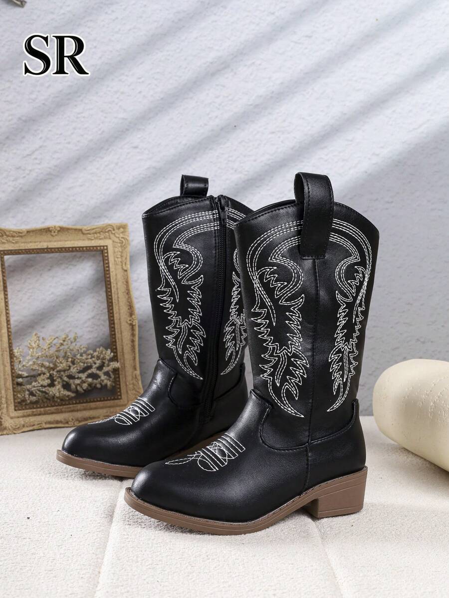 1 Pair Low Chunky Heel Embroidered Side Zipper Kids' Texas Boots, Fashion Versatile Retro Girls' Boots, Suitable For Daily Wear, Outdoor Vacation