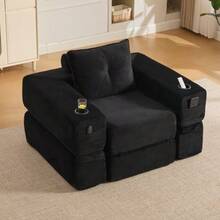 Folding Corduroy Sofa With High-Density Foam And Spring Core For Stable Seating, Side Pocket And Cup Holder, Armrest With Zip, Vacuum Packed, Easy Assembly, For Apartment And Living Room. - 黑色 - 查看 5
