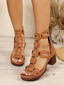 1 Pasang Sandal Hak Tinggi Vintage Fashion Wanita, Motif Geometris Gaya Retro Bohemian Kulit PU dengan Hiasan Paku Keling dan Tali Belakang Elastis, Cocok untuk Pernikahan, Pesta, Liburan, dan Pakaian Musim Panas - Coklat - View 6
