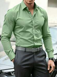 Men's Anti-Wrinkle Quick-Dry Casual Commute Business Multi-Scenario Shirt, Natural Color Buttons, Opaque Comfortable 100% Polyester Fabric, Craftsmanship Made, Tight Stitching, Slim Fit - Recommended To Pair With Suit Jacket And Dress Pants - Mint Green - View 2