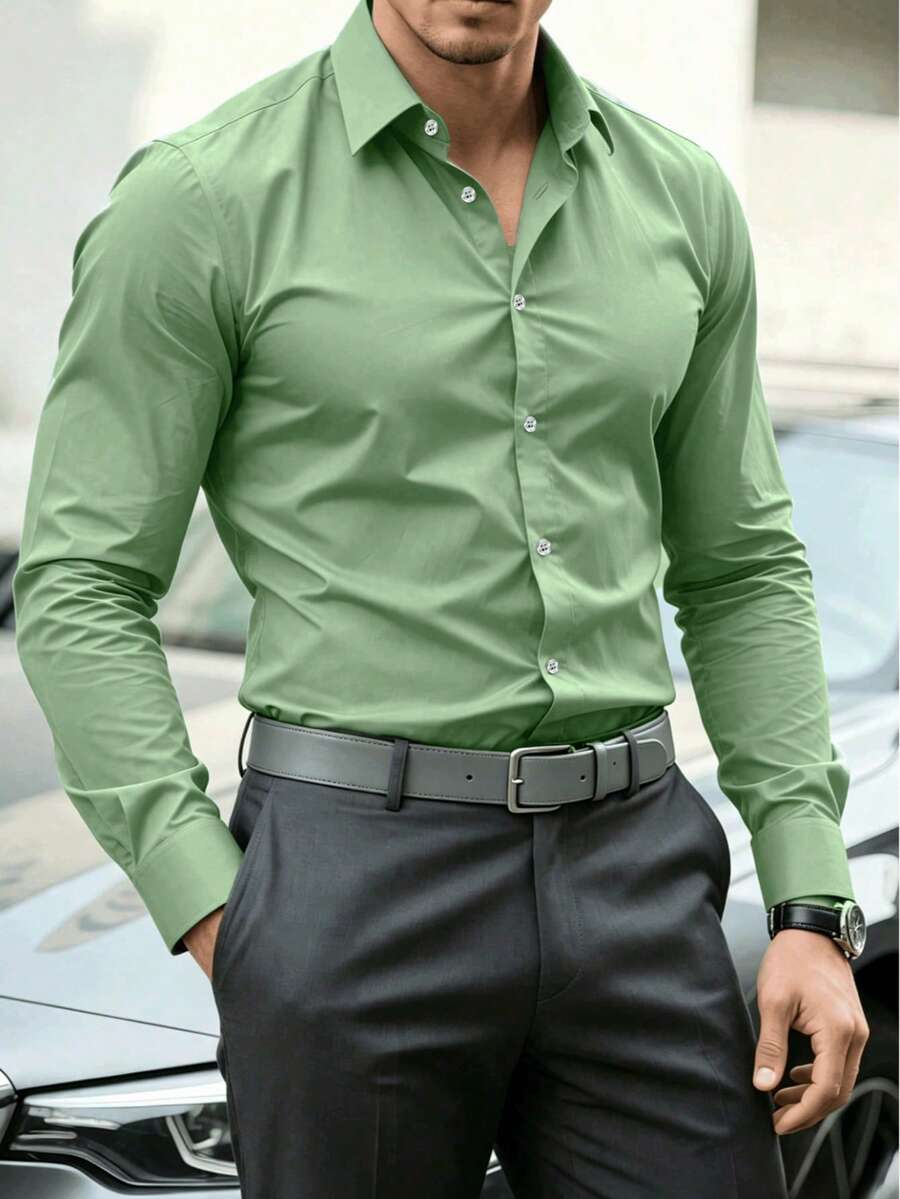 Men's Anti-Wrinkle Quick-Dry Casual Commute Business Multi-Scenario Shirt, Natural Color Buttons, Opaque Comfortable 100% Polyester Fabric, Craftsmanship Made, Tight Stitching, Slim Fit - Recommended To Pair With Suit Jacket And Dress Pants