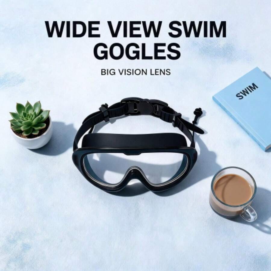 Large Frame Waterproof Anti-Fog Swimming Goggles With Anti-Lost Earplugs And Nose Clip, High Definition Protective Swim Eyewear Pool Accessory - Black - View 1