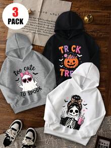 Tween Girls [Halloween]3 Pieces Set Halloween Hooded Sweatshirts, Pink Bow Heart Fashion Glasses Ghost, Candy Pumpkin Bucket, Leopard Print Bun Skull Girl Best Friends Matching Casual Sweatshirts - Grey - View 3