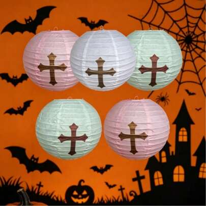 Cross Pattern Round Paper Hanging Lanterns, Pastel Pink White Mint Paper Lamps, Gothic Halloween Cemetery Themed Ceiling Hanging Decorations For Halloween Party Haunted House Indoor Ornament Supplies
