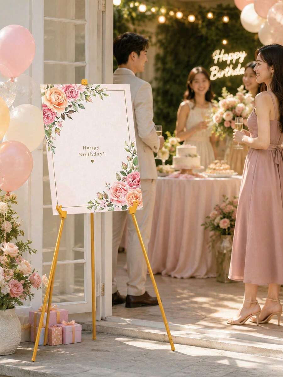 1pc Foldable Portable Tripod Display Easel, Adjustable Gold Metal Art Easel, Suitable For Wedding Signs, Posters, Paintings, Ceremony Advertising Displays, Birthday Banner Decorations - Multicolor - View 1