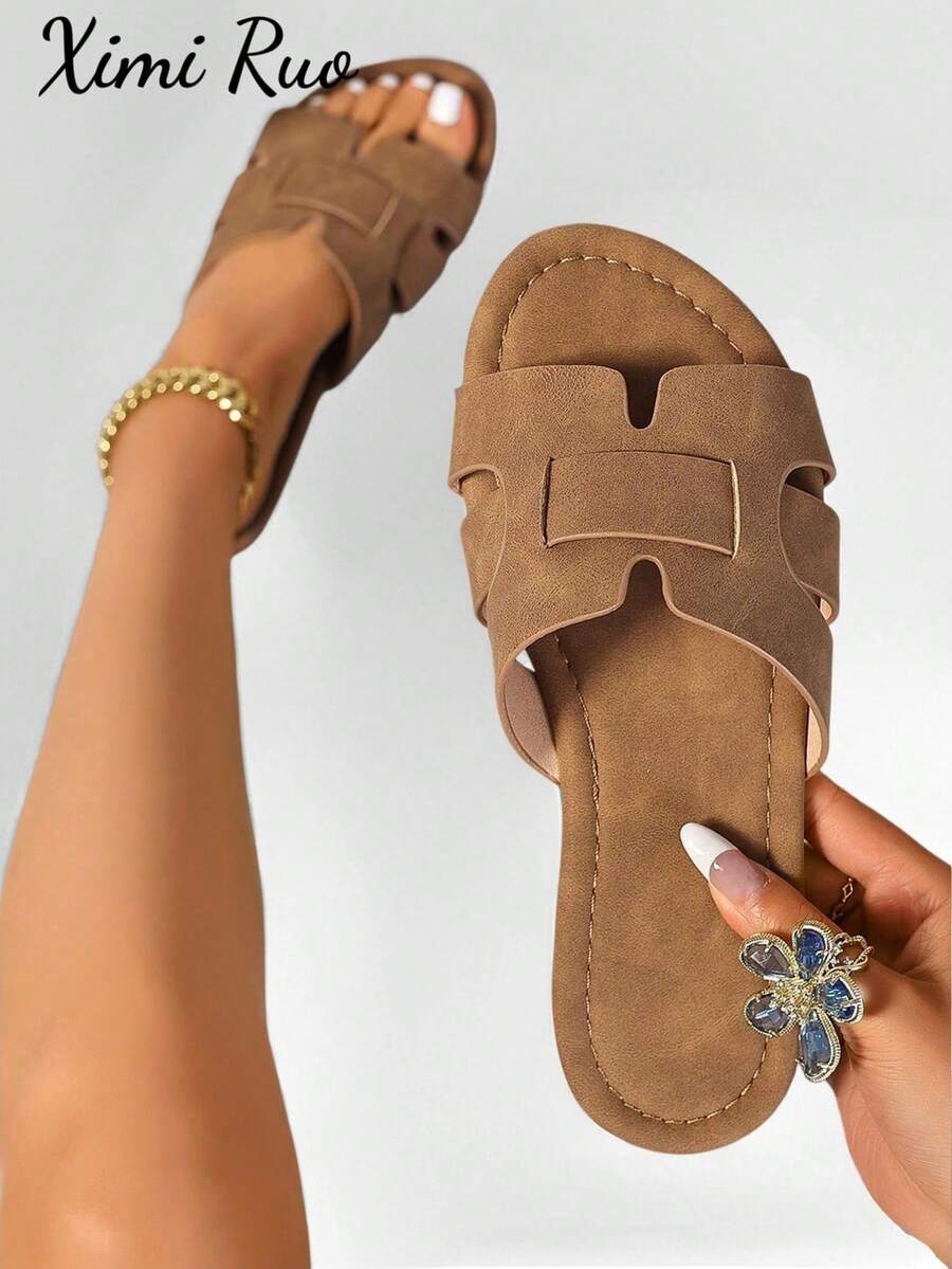 Ximi Ruo 韓式休閒平底女款拖鞋,棕色,度假必備,露趾編織羅馬涼鞋,適合春夏季海灘 - 棕色 - 查看 1