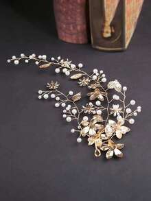 1件女款韓式新娘婚禮頭飾，壓克力水晶花手工珍珠髮箍髮飾 - 金色 - 查看 2
