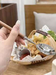 1pc Wood Grain Handle Stainless Steel Round Head Long Handle Spoon, Household Rice Spoon, Soup Spoon, Tea Spoon, Dessert Spoon - View 11