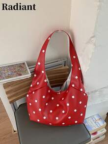 Women's Shoulder Bohemian Style Large Capacity White Polka Dot Faux Leather Snap Button Casual Daily Shopping Travel Bag - Red - View 12