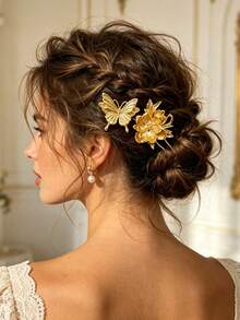 1Pc Gilded Butterfly Flower U Hair Pin, Luxury Gold Bridal Updo Stick, Wedding Banquet Evening Dress Hair Accessory For Bride Engagement - Multicolor - View 7