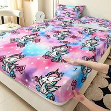 3pcs Princess Style Pink-Blue Gradient Unicorn Pattern Printed Bedding Set (1 Fitted Sheet + 2 Pillowcases, Pillow Inserts Not Included), 90g Soft Polyester Fiber Breathable Mattress Protector, Quick-Dry Water-Resistant Non-Fading, High Elasticity Non-Slip Washable Fitted Sheet Suitable For Apartment Dorm, Home Bedroom Decor - Multicolor - View 5