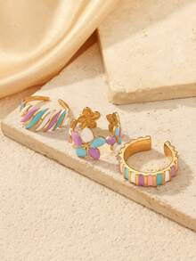 3 piezas Anillos delgados con flores glaseadas de colores macaron & rayas para mujeres, acero inoxidable chapado en oro de 18K, no se desvanece, estilo dulce & fresco femenino, apilables, versátiles para ir al trabajo & viajar, diseño de nicho, se pueden comprar individualmente, joyería de regalo - Multicolor - Ver 3