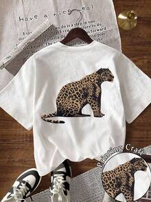 Women's Casual Leopard Print Round Neck Short Sleeve T Shirt,Summer - 白色 2 - 查看 1