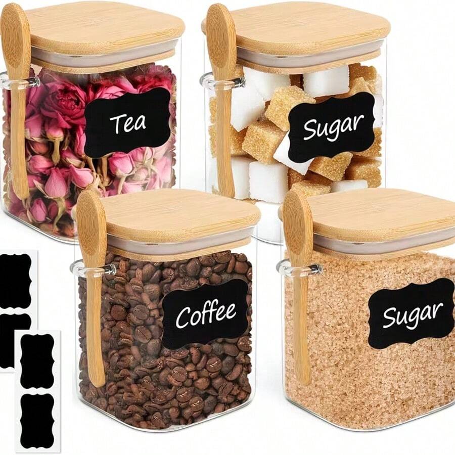 2/4pcs-18oz Square Spice Jars With Spoons, Glass Seasoning Containers, Kitchen Storage Containers, Glass Airtight Jars, Suitable For Kitchen Spices, Dried Fruits, Grains, Coffee Beans, Candy, Cookies, Kitchen Countertop Storage Organizer, Stackable - Clear - View 1