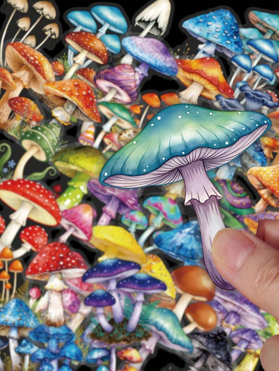 50Pcs Whimsical Watercolor Magic Mushroom Waterproof Stickers, Vibrant Colorful Fairy Toadstool Forest Fungi Decals For Water Bottle Journal Laptop Scrapbook Decor School Supplies - A - View 1