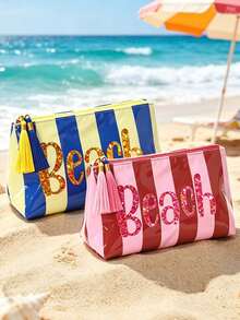 Striped Beach Makeup Bag With Tassel Zipper, "BEACH" Sequin Print, Waterproof PVC Toiletry Bag, Portable Travel Cosmetic Organizer, Multi-Functional Toiletry Bag, Vacation Makeup Storage Bag, Perfect For Beach, Pool, Cruise And Holiday Essentials, Unique Birthday Gift, Holiday Gift, Party Gift, Vacation Gift, Back To School Gift, Teacher Gift - Multicolor - View 1