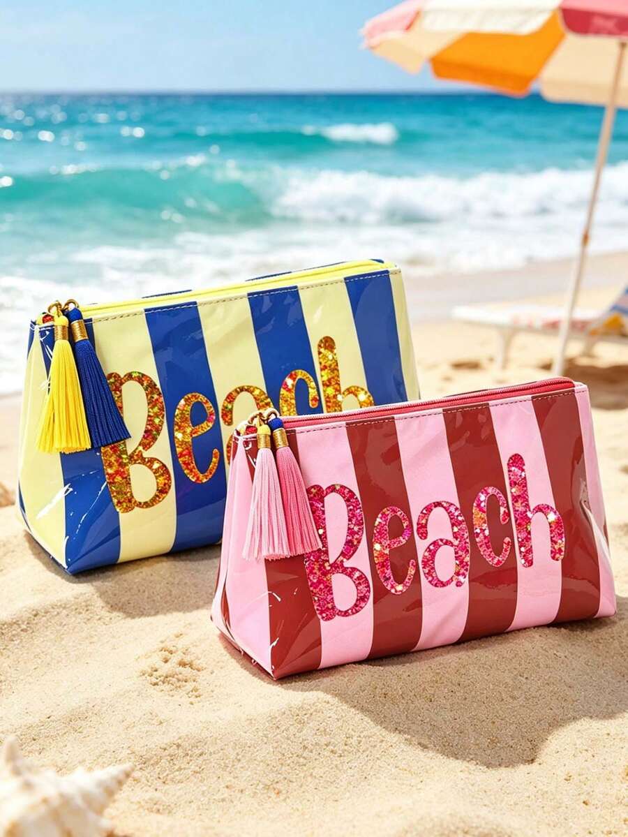 Striped Beach Makeup Bag With Tassel Zipper, "BEACH" Sequin Print, Waterproof PVC Toiletry Bag, Portable Travel Cosmetic Organizer, Multi-Functional Toiletry Bag, Vacation Makeup Storage Bag, Perfect For Beach, Pool, Cruise And Holiday Essentials, Unique Birthday Gift, Holiday Gift, Party Gift, Vacation Gift, Back To School Gift, Teacher Gift - Multicolor - View 1