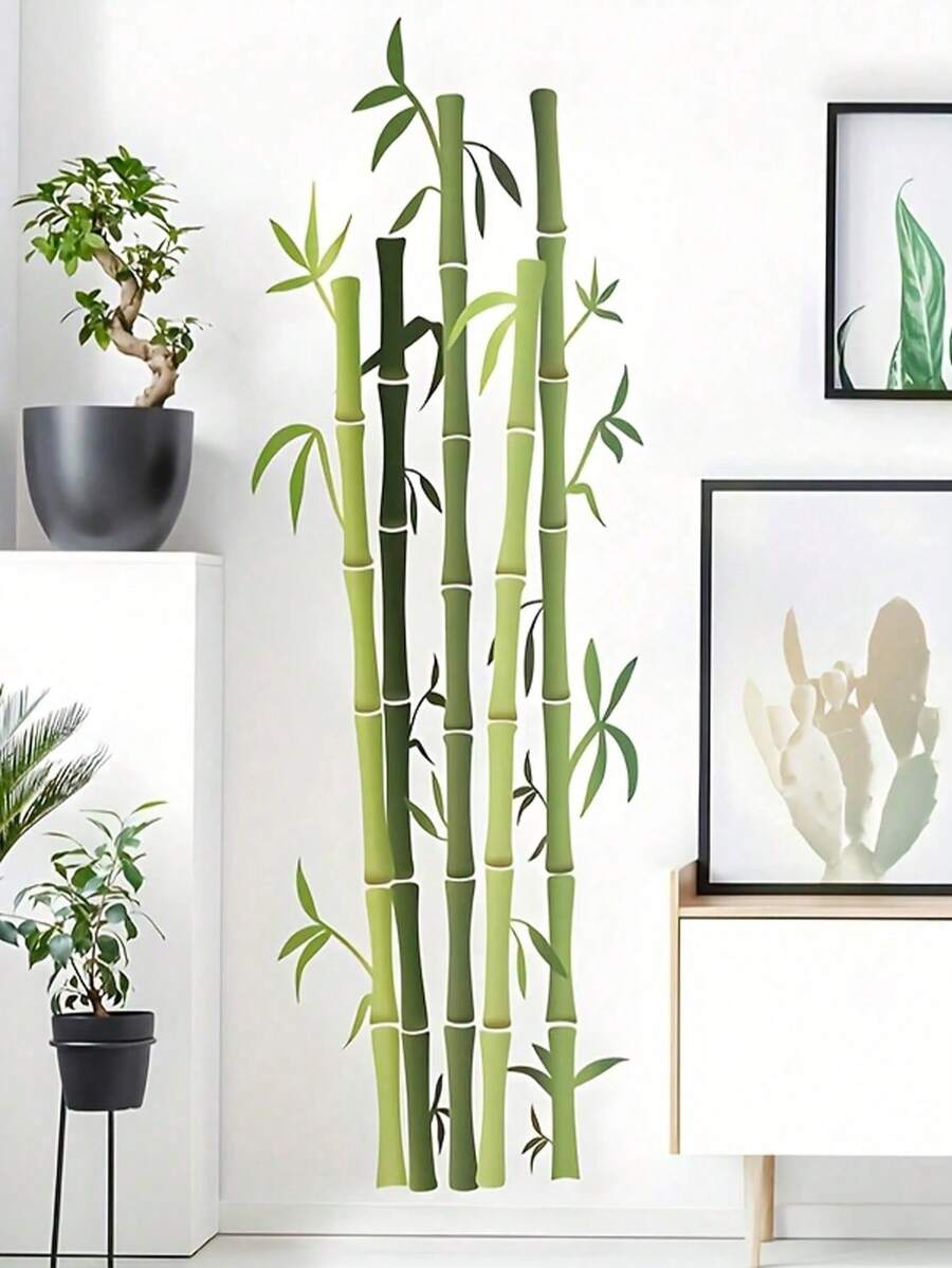 1件綠色竹子牆貼 - 可移除自黏式PVC貼紙,適用於居家與飯店裝飾,藝術卡通設計,完美適合客廳、臥室或玄關 - Green Bamboo Wall Decal - 查看 1