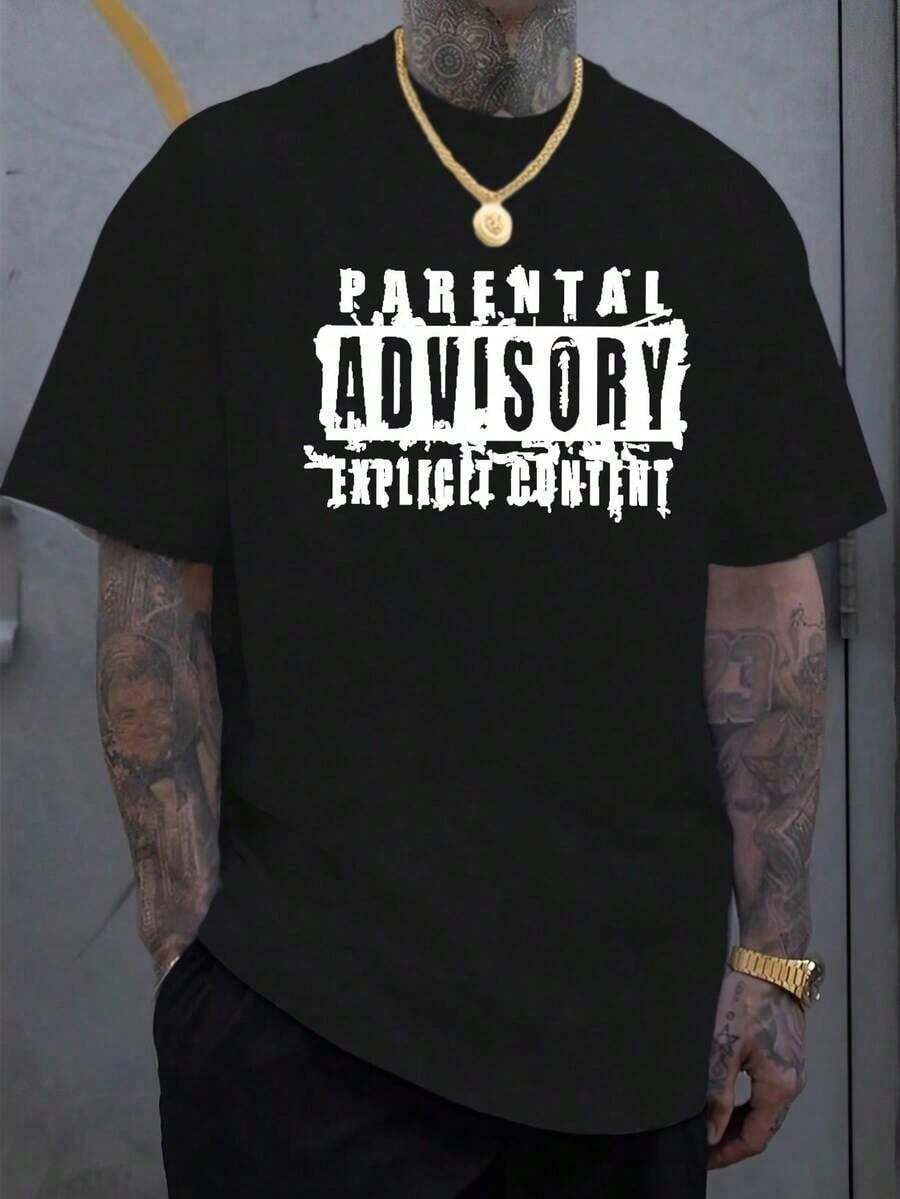 Curved Lettering Print, Casual, Soft Basic T-Shirt With Round Neck. - 黑色 - 查看 1