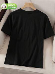 2026 New Women's Pure Cotton T-Shirt - Loose Fit, Round Neck, Printed Short Sleeve Top. Touch, Plus Size Summer Clothing Black Casual - Black - View 6