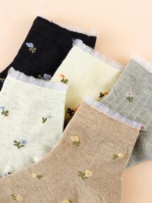 5 Pairs Women's Cute Floral & Striped Invisible Boat Socks, Suitable For Daily Casual Wear, Suitable For Spring & Summer - Multicolor - View 5