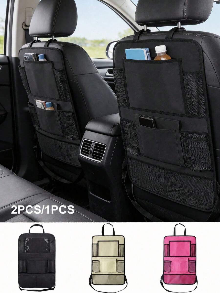 1/2pcs Oxford Cloth Car Back Seat Storage Bag, Anti-Kick Hanging Organizer With Tissue Holder, Space-Saving, Easy To Clean, Universal Car Travel Accessory For Road Trips