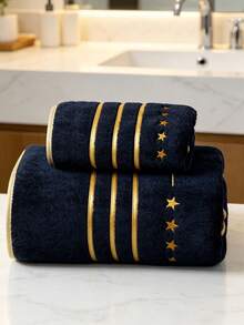 1件/2件裝現代極簡星星刺繡浴巾，超柔軟快乾無毛屑高吸水輕量，客用毛巾、桑拿毛巾，耐用洗浴配件，送給伴侶的最佳禮物，毛巾 34*75cm，浴巾 70*140cm - 黑色 - 查看 9