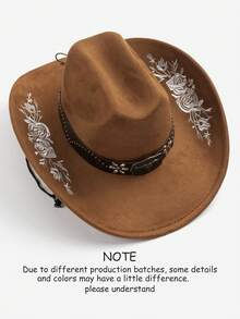 1pc Women's Embroidered Faux Suede Western Cowboy Hat, Vintage, Rose Pattern, Wide Brim, Metal Decoration, Windproof Rope Design, Suitable For Outdoor Activities And Parties, Size M - Top Hat - View 13