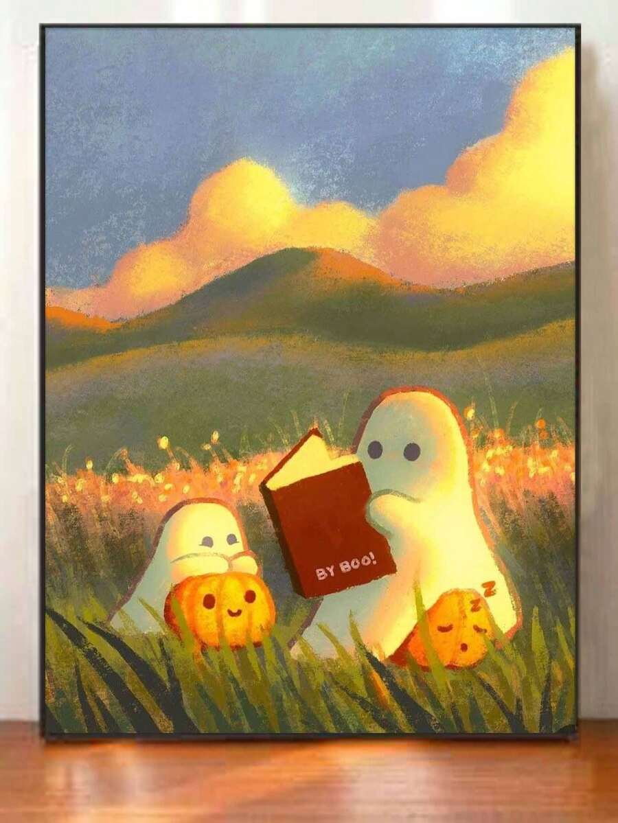 Halloween Cute Ghost Reading Books In Autumn Field With Pumpkin DIY Digital Oil Painting, Adult Home Decor Holiday Gift - Sets - View 1