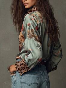 Women's Printed Blouse With Leopard Print Cuff Design, Fashionable Elegant Casual Commute Daily Wear Shirt Vacation - Mint Green - View 4