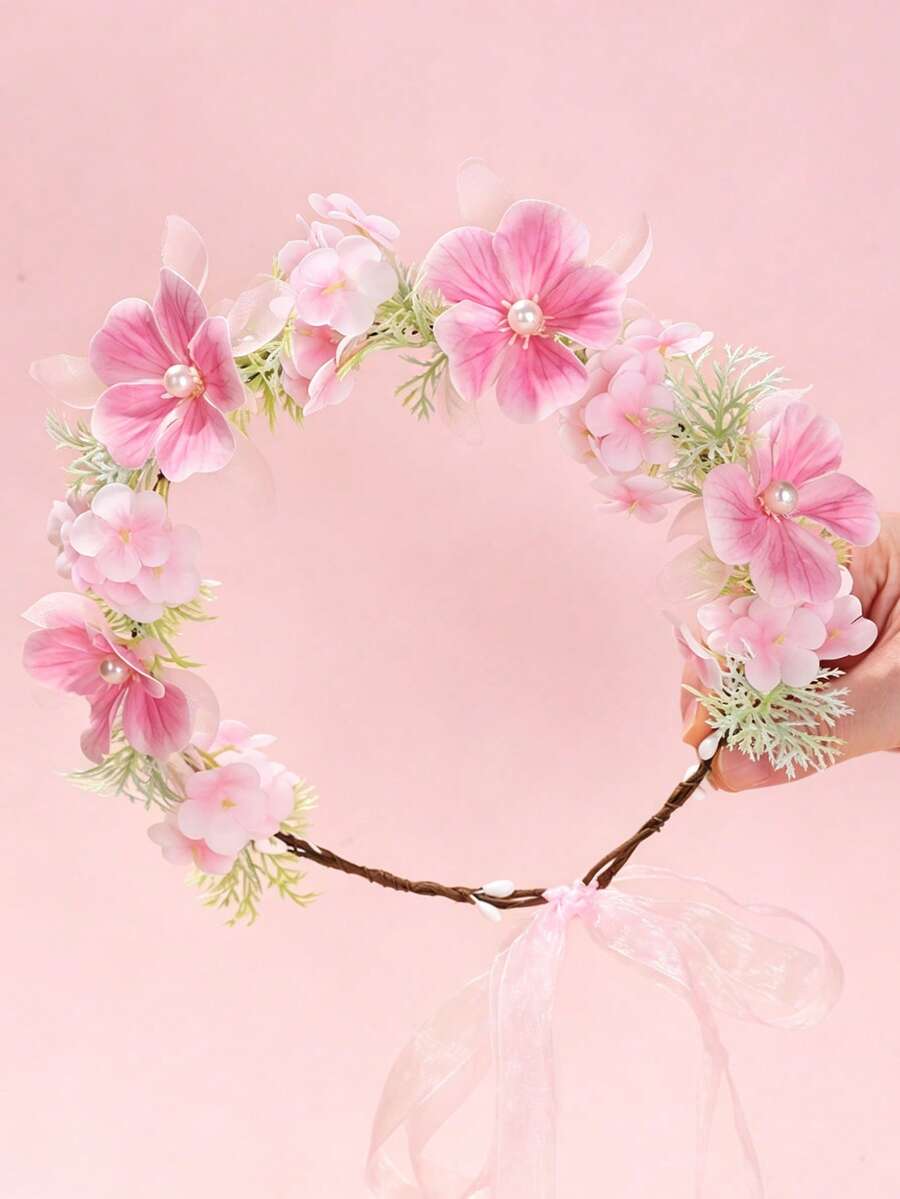 1件女孩歐美森系人造花環,仿褶皺玫瑰花苞、繡球花、山茶花花冠,適合海邊出遊與拍照,仙女風可調節緞面絲帶髮飾 - 粉色 - 查看 1