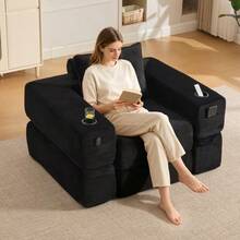 Folding Corduroy Sofa With High-Density Foam And Spring Core For Stable Seating, Side Pocket And Cup Holder, Armrest With Zip, Vacuum Packed, Easy Assembly, For Apartment And Living Room. - 黑色 - 查看 4