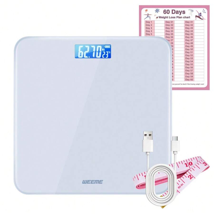 Timbangan Berat Badan Digital WEEME Isi Ulang USB Presisi Tinggi untuk Kamar Mandi dengan Tampilan Suhu dan Pita Pengukur, Pelacakan Berat Badan 60 Hari