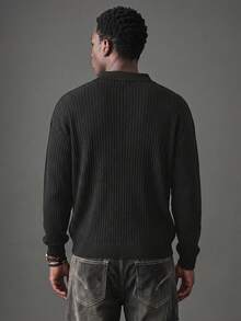 Camvyn Men's Spring/Autumn Striped Button-Up Slim Fit Regular Shoulder Long Sleeve Polo Shirt - Black - View 3