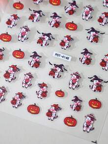 1pc Halloween Cow & Pumpkin Nail Stickers, Self-Adhesive Disposable Embossed Nail Art Decor, Cute Ins Style For Women Manicure & Pedicure, Holiday Dress Up - Multicolor - View 4