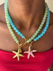 Summer New Beach Vacation Style Necklace, Colorful Oil-Drip Stainless Steel Starfish Pendant Necklace - Beaded Necklace - View 2