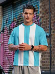 Men's Sports Wear: Regular Fit Soccer Style T-Shirt - Blue & White Striped Sports T-Shirt, Suitable For Cycling, Running And Fitness Training - Blue and White - View 1